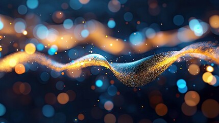 Abstract digital art with flowing waves of glowing golden and blue particles, set against a dark background with bokeh lights.