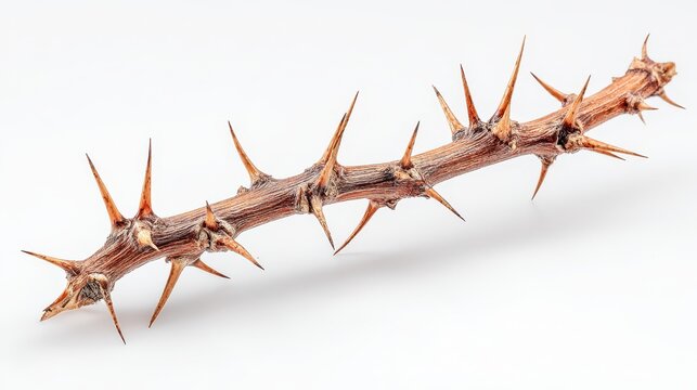 Single thorny acacia twig isolated on a pure white backdrop