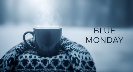Steaming Blue Coffee Mug on Knitted Sweater with Blue Monday Text hot beverage