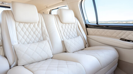 Obraz premium Luxury white leather car seat interior with quilted cushion comfort