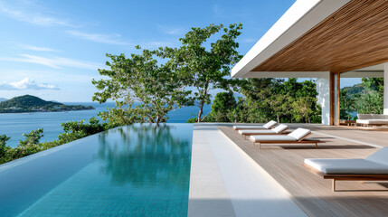 Fototapeta premium Infinity pool villa ocean view modern terrace lounge chairs relaxed luxury
