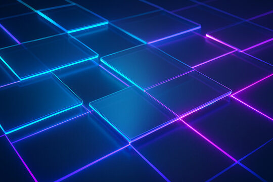Abstract glowing geometric grid with blue and pink neon lights creating a futuristic digital pattern