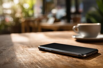 Smartphone on a wooden table displaying a generic beauty logo in Rio de Janeiro, Brazil