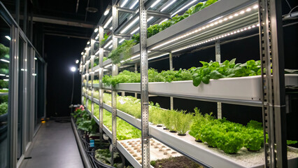 Indoor vertical farming system growing fresh produce hydroponically plants led