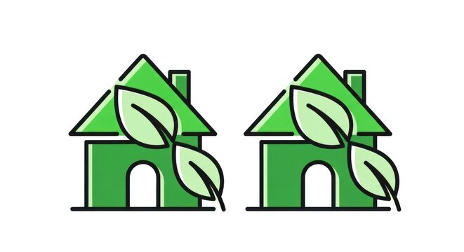 Two green and red houses with leaves on them, set against a white background.