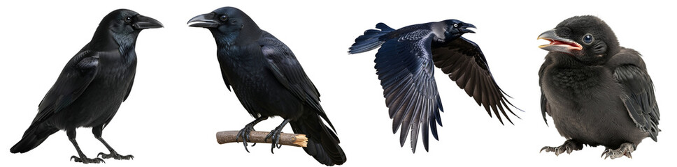 Fototapeta premium A collection of four corvus birds in various poses against a plain solid color backdrop on transparent background