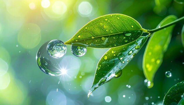 Close-up of glossy leaves with water droplets and sun rays