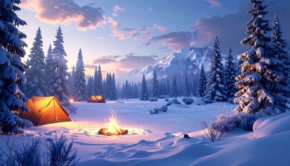 Snowy mountain landscape with glowing tents and campfire under a pastel sky