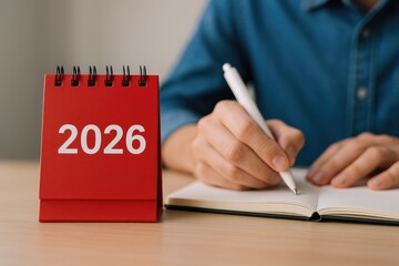 Red 2026 desk calendar and person writing in a notebook, planner
