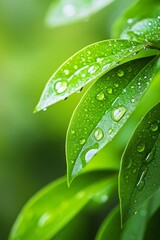 Fresh green leaves with droplets in a lush forest setting during the day