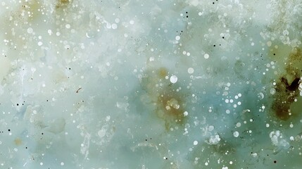 An abstract background featuring a blend of watercolor washes in muted blues, greens, and earthy browns, with numerous white and black speckles and larger circu
