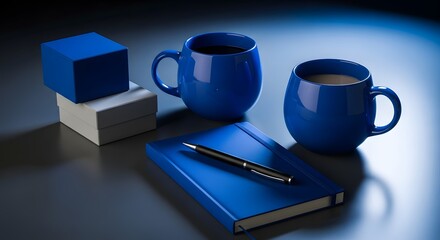 Two blue mugs of coffee beside a blue notebook and pen image