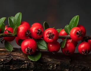 Close-up of glossy red berries and green leaves on wooden bark