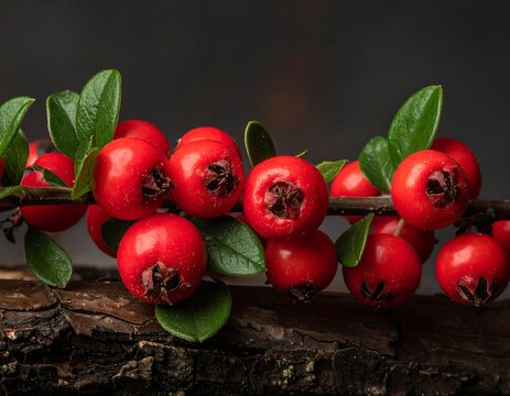 Close-up of glossy red berries and green leaves on wooden bark