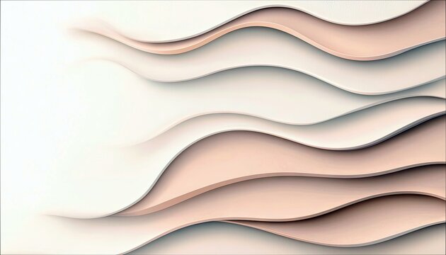 An abstract background featuring layered, wavy shapes in soft pastel tones of pink, beige, and white, with subtle shadows and highlights creating a sense of dep