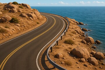 Winding coastal road snakes along a rocky shore, ocean views under a clear blue sky