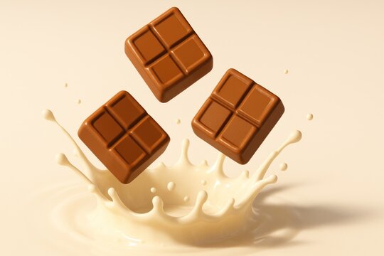 3 chocolate squares falling into a milk splash, creating a dynamic and delicious scene