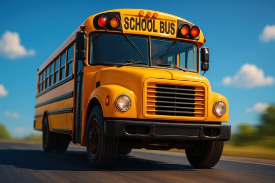 Yellow school bus speeds down a highway on a sunny day, blue sky above