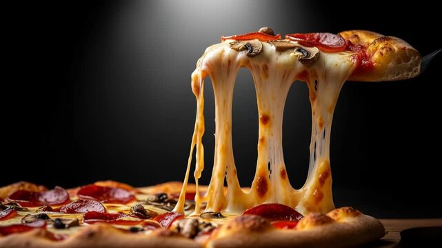 Delicious slice of pepperoni and mushroom pizza being lifted with extreme cheese pull against dark background, 4k video