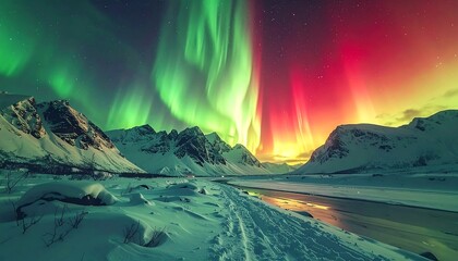 Spectacular aurora borealis over snow-covered mountains, reflecting in a partially frozen river at twilight