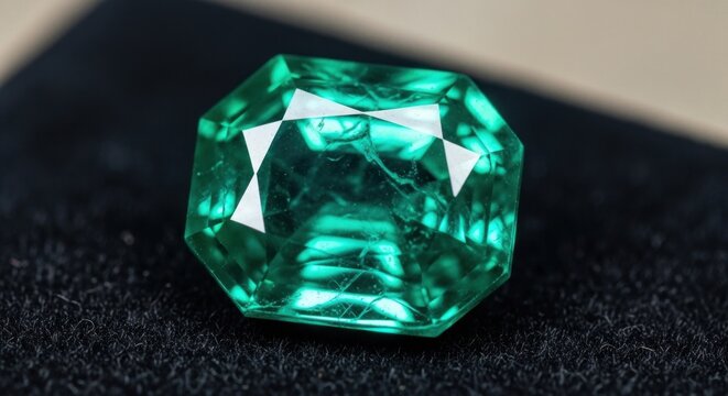 A green emerald gemstone with a faceted octagonal shape on a dark background.