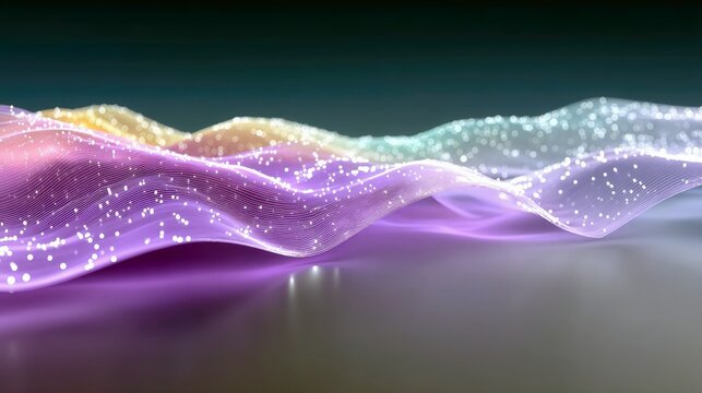 An abstract digital visualization of flowing waves made of light particles and thin lines, rendered in soft purple, yellow, and green hues against a dark backgr