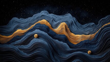 An abstract landscape featuring textured, wavy mountains in deep blue and gold hues, set against a dark, star-filled night sky. Two small spherical objects are