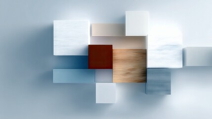 A composition of assorted colored blocks and rectangles arranged in a dynamic, overlapping pattern against a light blue background, with soft shadows and highli