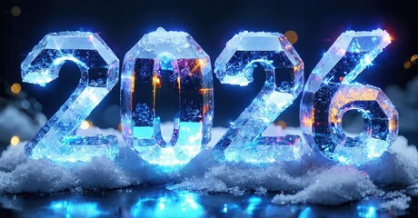 Ice numbers display year 2026. Bright blue glow, snow base, reflective surface. Festive, winter theme, digital rendering.