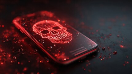 Infected Smartphone Displays Ominous Red Skull Pop-Up Warning of Malware Attack in Dark Environment