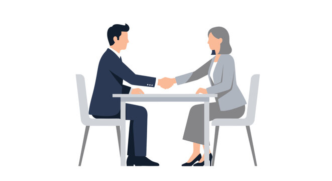 Business man and woman shaking hands across a table during a meeting.