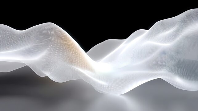 An abstract, flowing wave form made of a white mesh grid, illuminated by soft light against a dark background. The surface has subtle color variations and refle