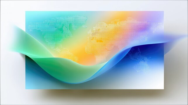An abstract digital illustration featuring a world map composed of dots, overlaid with flowing, translucent waves in green, blue, and purple hues, set against a
