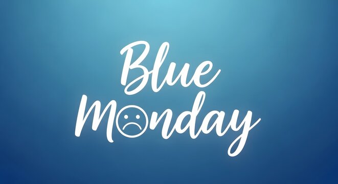 White text Blue Monday with sad face on blue gradient background typography lettering
