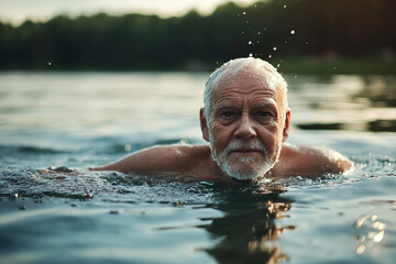 Generative AI image of mature man with gray hair swimming in natural water at sunset, enjoying active peaceful lifestyle