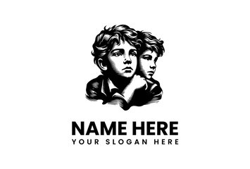 Intricate vintage dual boys portrait vector logo illustration, capturing youthful intensity and classic artistry, ideal for unique brand identity and storytelling