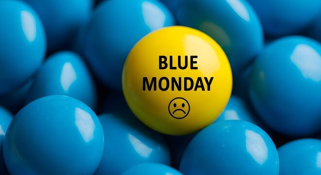 Yellow ball with Blue Monday text and sad face among blue balls image