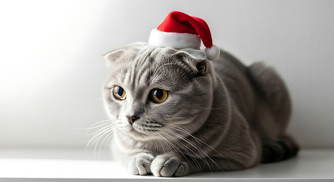 Grey Scottish Fold Cat with Santa Hat kitten animal - Powered by Adobe