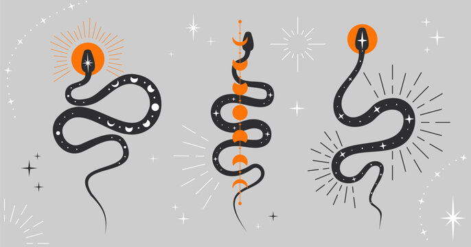 Mystical celestial snakes set. Boho snakes with moon, stars and sun. Serpents and magic witchy symbol. Collection of spiritual occultism symbols, esoteric objects. Design for tattoo, print. Vector