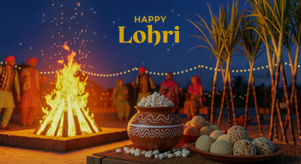 Happy Lohri celebration with a large bonfire, people in traditional attire, sugarcane stalks, and festive food under a night sky.