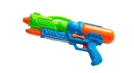 A vibrant blue, green, and orange plastic water gun, a classic summer toy for children and adults, ready for fun outdoor water fights and games, isolated on transparent background