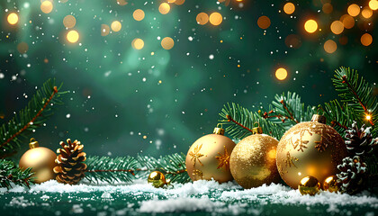 Merry Christmas festive scene with rich dark green background, soft glowing lights, snowflakes, and ornaments”