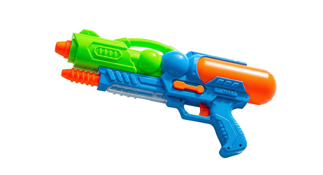 A vibrant blue, green, and orange plastic water gun, a classic summer toy for children and adults, ready for fun outdoor water fights and games, isolated on transparent background - Powered by Adobe