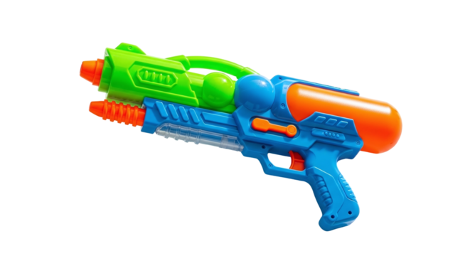 A vibrant blue, green, and orange plastic water gun, a classic summer toy for children and adults, ready for fun outdoor water fights and games, isolated on transparent background