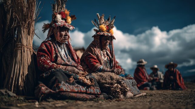 Indigenous People in Ornate Traditional Attire Sitting Outdoors