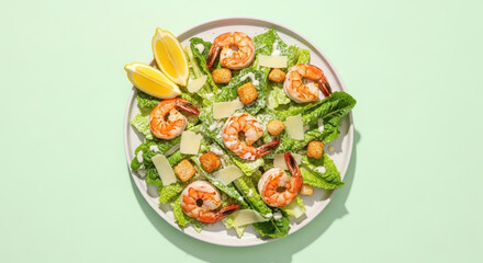 Shrimp caesar salad on plate green background overhead view healthy dish