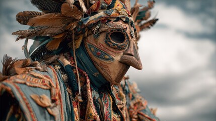 Ornate traditional mask with feathers worn during a cultural celebration