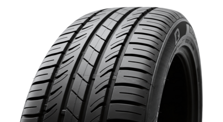 Detailed shot of a black rubber vehicle tire, highlighting its durable surface and deep grooves for road traction and safety, isolated on transparent background