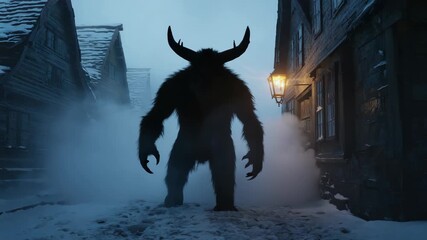 Krampus monster standing on a snowy cobblestone street at night, people gathering with torches during a winter Christmas festival, representing ancient alpine folklore and traditions