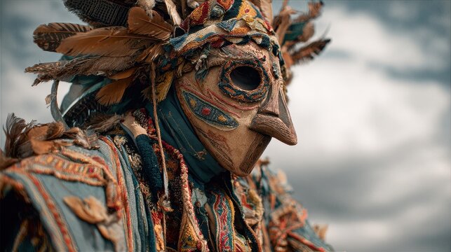 Ornate traditional mask with feathers worn during a cultural celebration